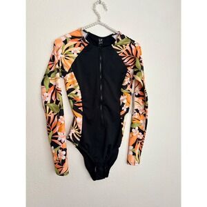 Hurley Rash Guard One Piece Swimsuit Small Black Tropical Floral Long Sleeve Zip
